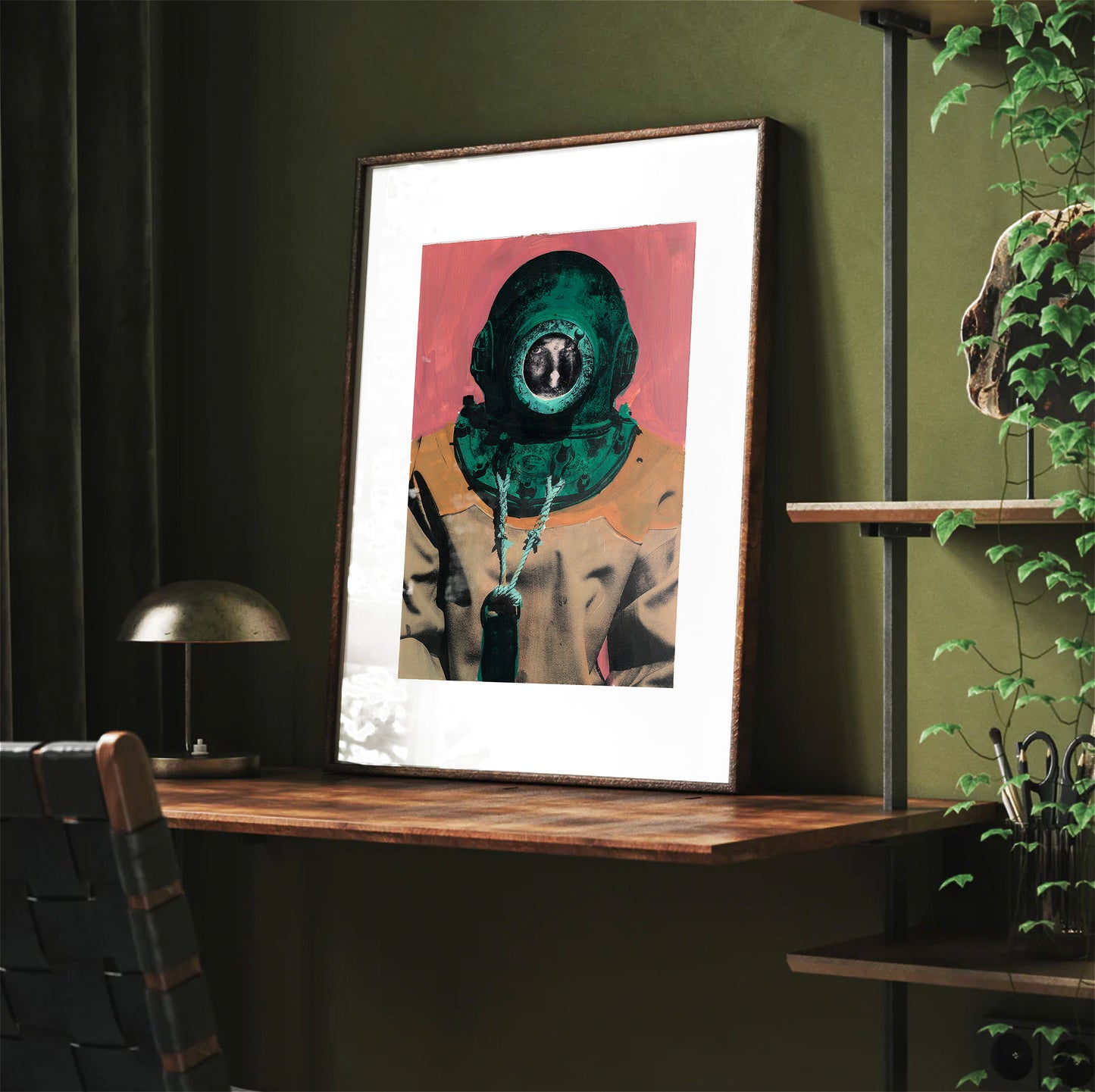 Painting Pop Art Wall Art from Greece | Pink & Green sponge diver from Kalymnos island, by George Tatakis - Framed Poster