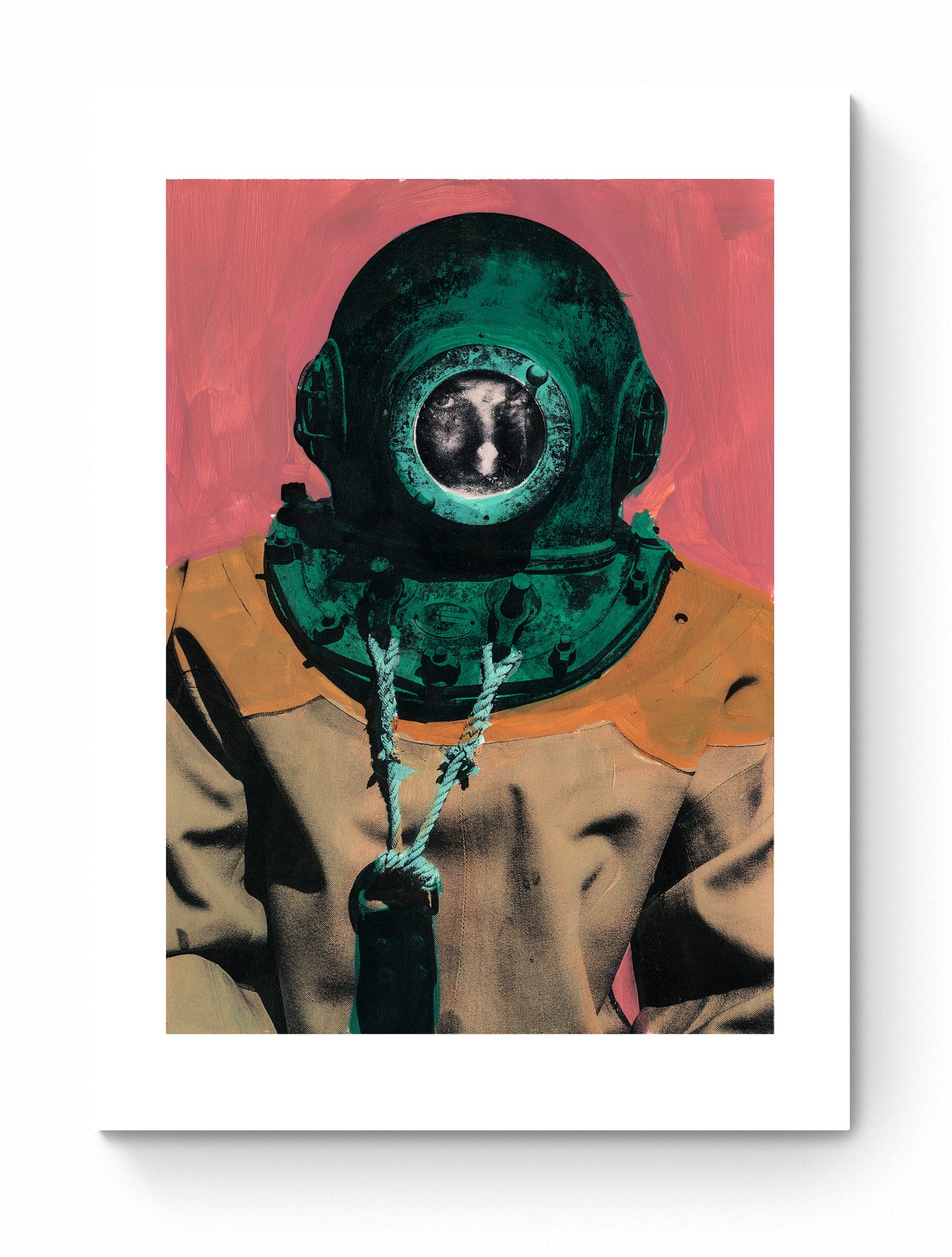 Painting Pop Art Wall Art from Greece | Pink & Green sponge diver from Kalymnos island, by George Tatakis - poster