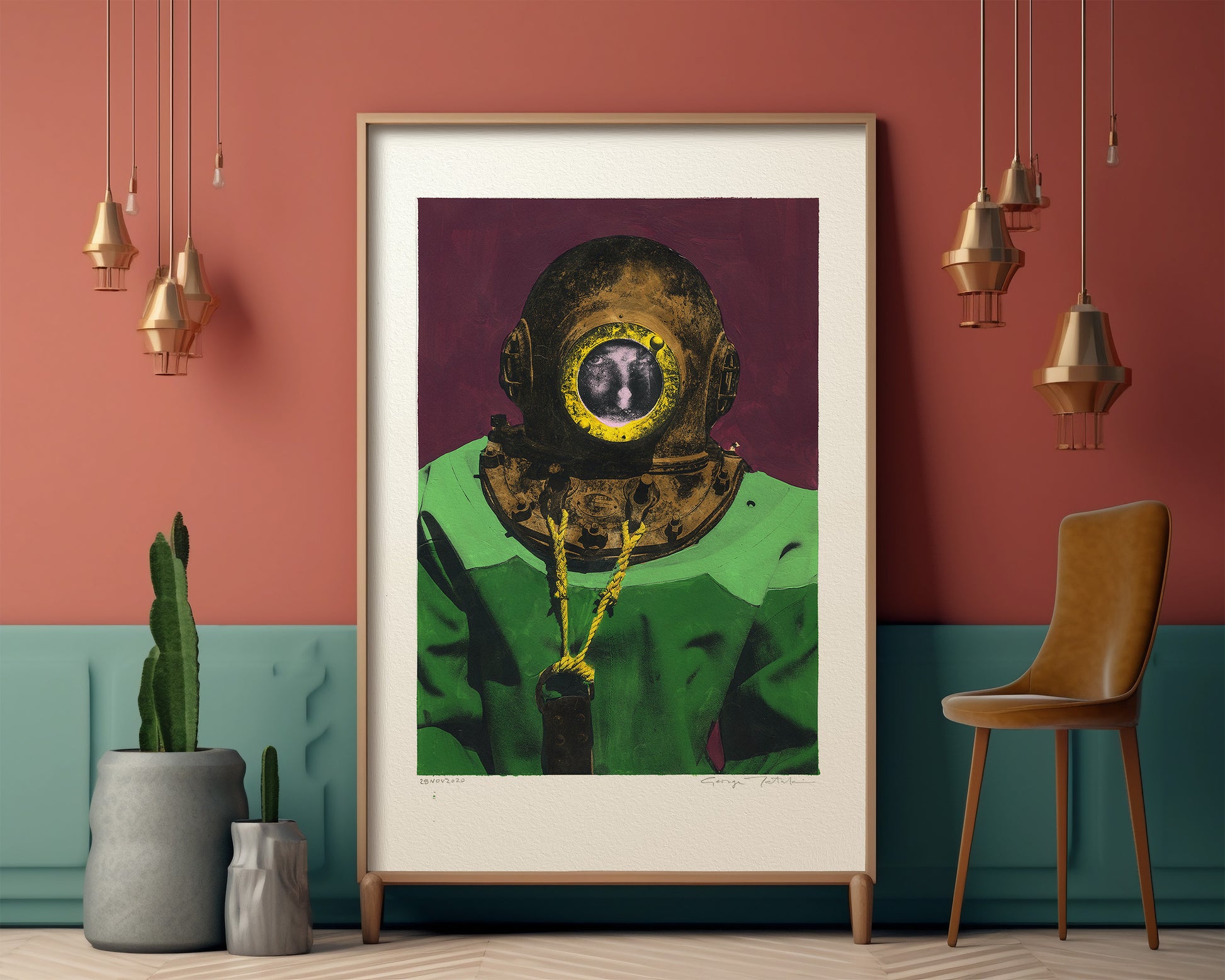 Painting Pop Art Wall Art from Greece | Purple sponge diver from Kalymnos island, by George Tatakis - inside an eclectic room