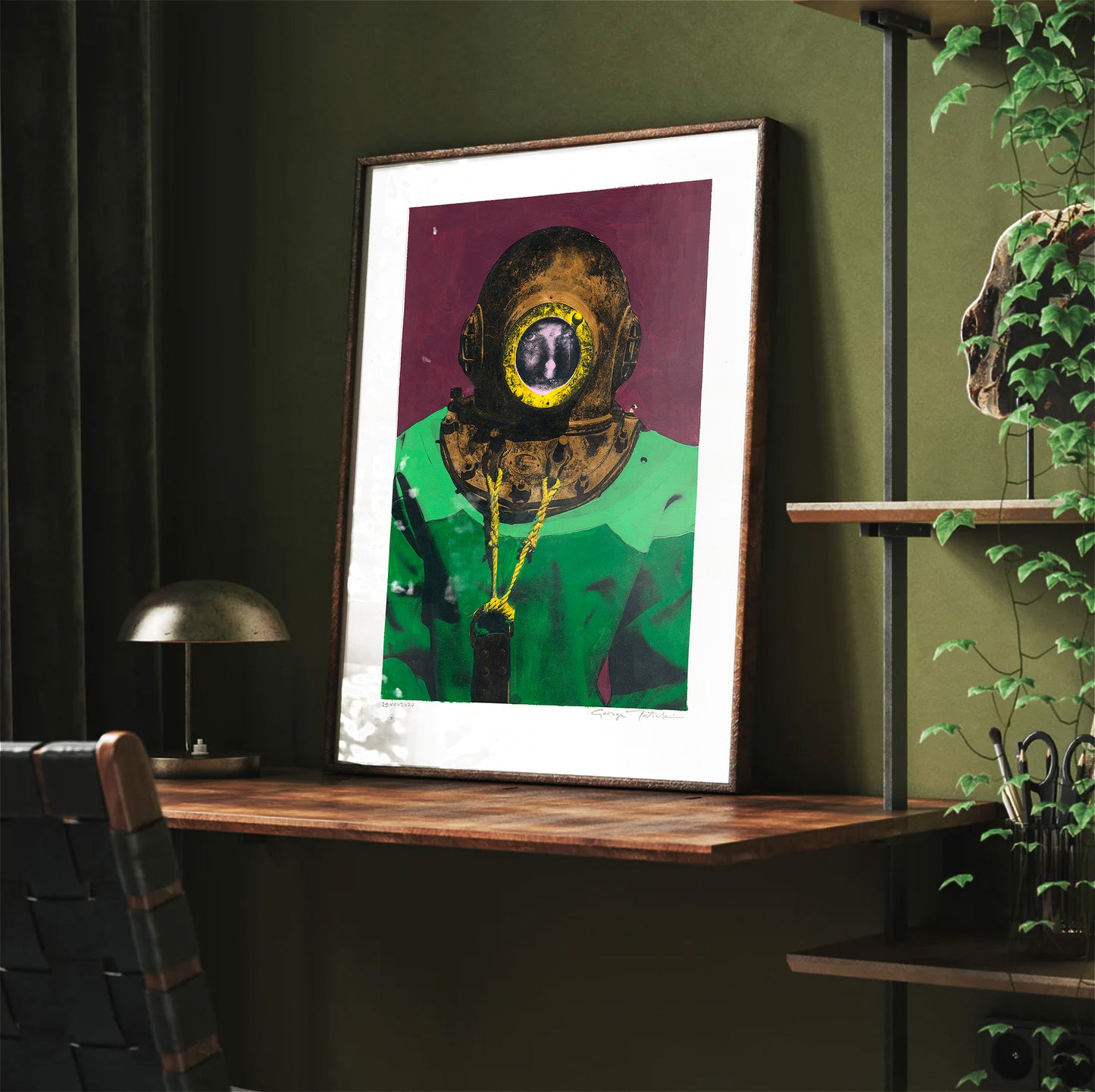 Painting Pop Art Wall Art from Greece | Purple sponge diver from Kalymnos island, by George Tatakis - Framed poster