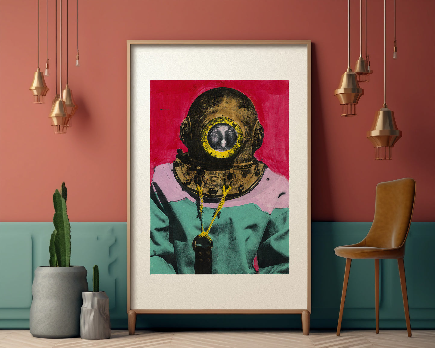 Painting Pop Art Wall Art from Greece | Red & Mauve sponge diver from Kalymnos island, by George Tatakis - inside an eclectic room