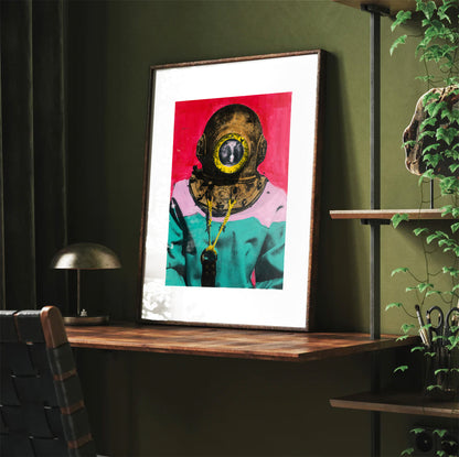 Painting Pop Art Wall Art from Greece | Red & Mauve sponge diver from Kalymnos island, by George Tatakis - Framed poster