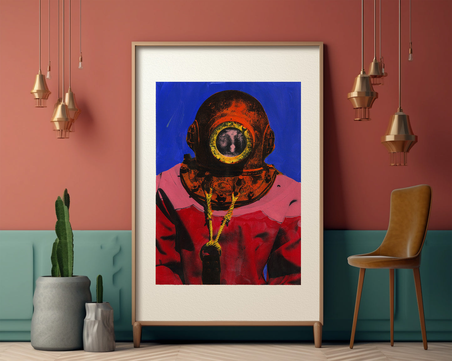 Painting Pop Art Wall Art from Greece | Royal Blue sponge diver from Kalymnos island, by George Tatakis - inside an eclectic room