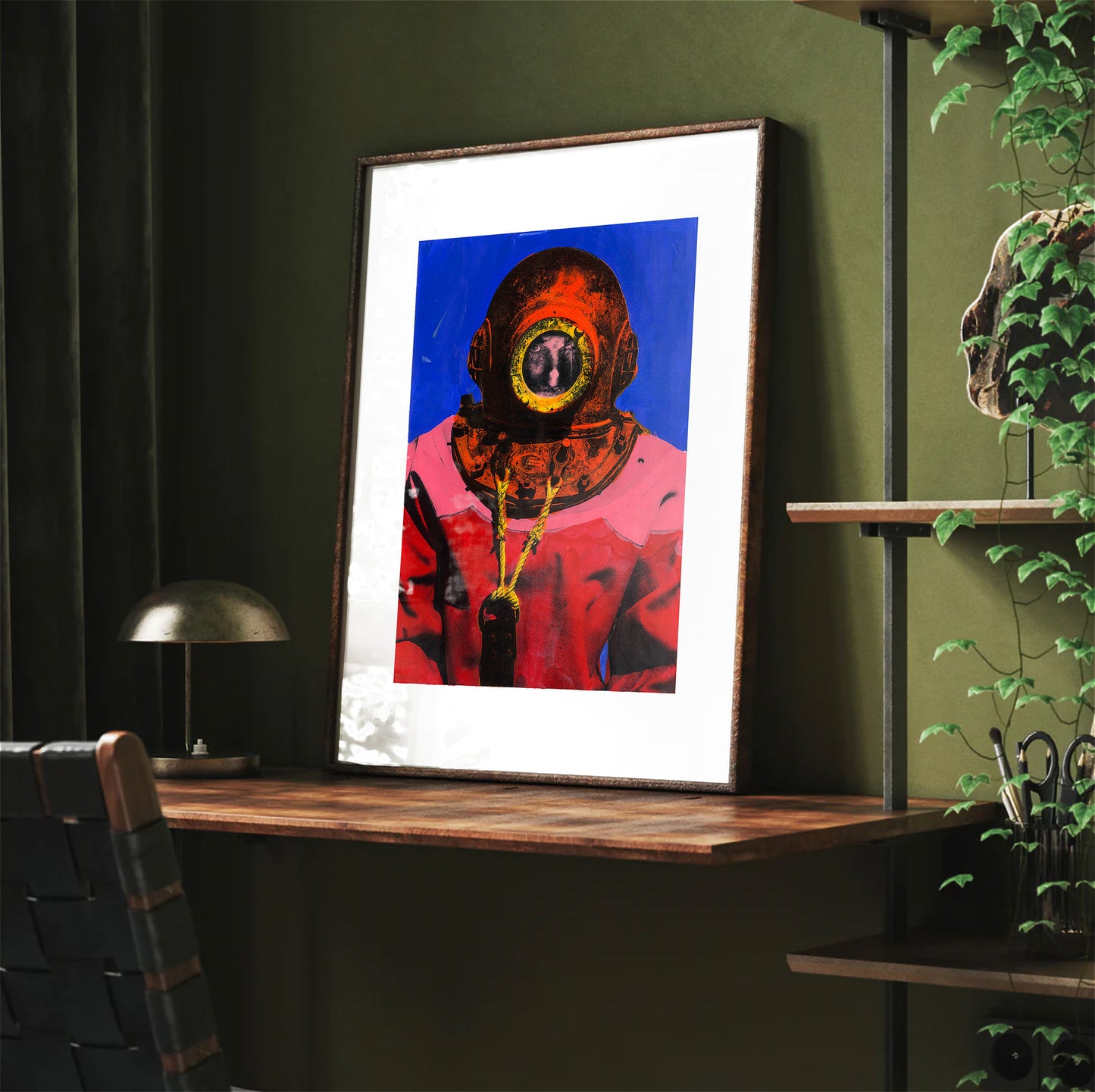 Painting Pop Art Wall Art from Greece | Royal Blue sponge diver from Kalymnos island, by George Tatakis - Framed poster