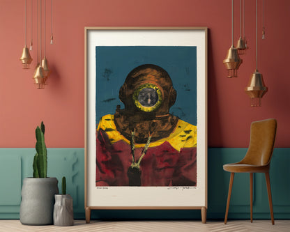Painting Pop Art Wall Art from Greece | Smudged sponge diver from Kalymnos island, by George Tatakis - inside an eclectic room