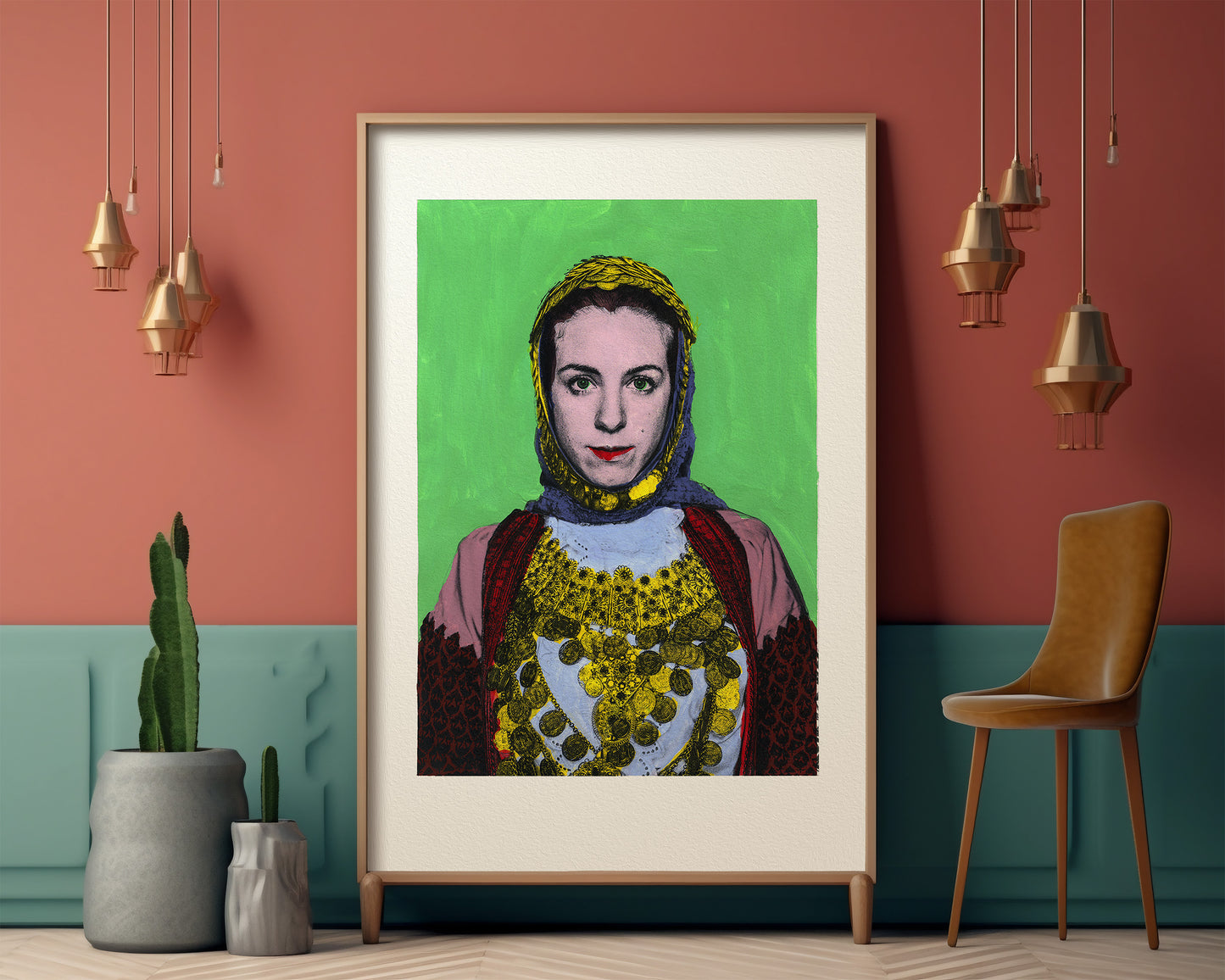 Painting Pop Art Wall Art from Greece | Bright Green Kalyvia Costume from Attica, by George Tatakis - inside an eclectic room