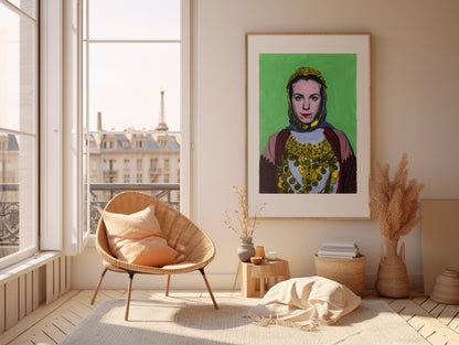 Painting Pop Art Wall Art from Greece | Bright Green Kalyvia Costume from Attica, by George Tatakis - inside a room in Paris