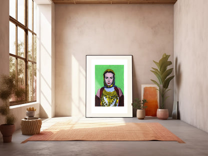 Painting Pop Art Wall Art from Greece | Bright Green Kalyvia Costume from Attica, by George Tatakis - inside a sunlit studio