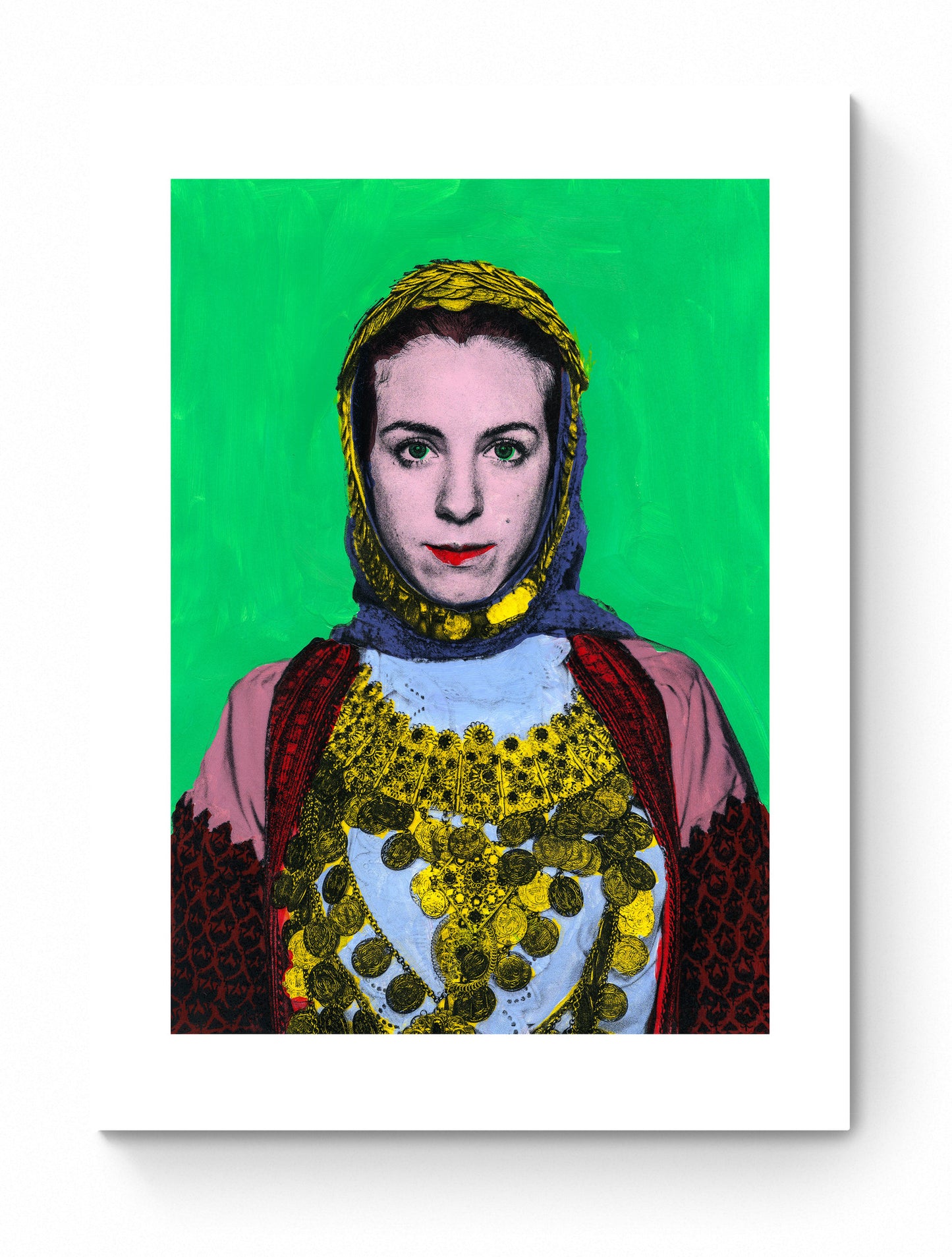 Painting Pop Art Wall Art from Greece | Bright Green Kalyvia Costume from Attica, by George Tatakis - poster