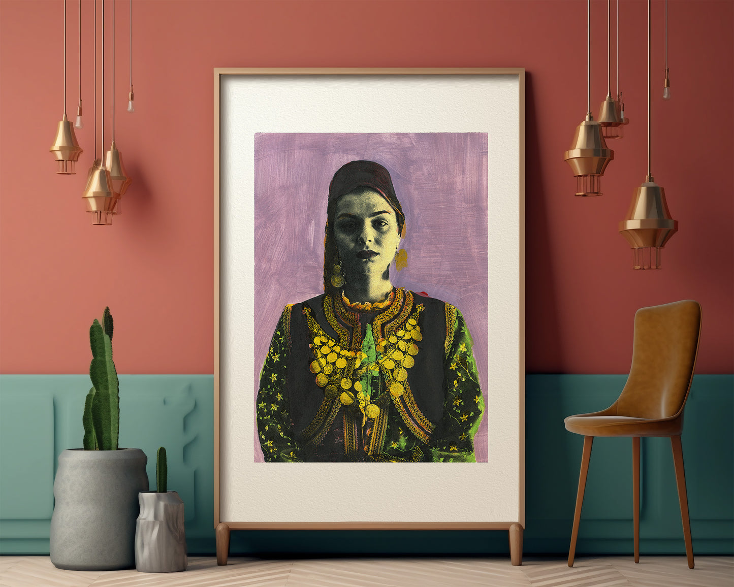 Painting Pop Art Wall Art from Greece | Mauve Kastoria Urban Costume from Macedonia, by George Tatakis - inside an eclectic room