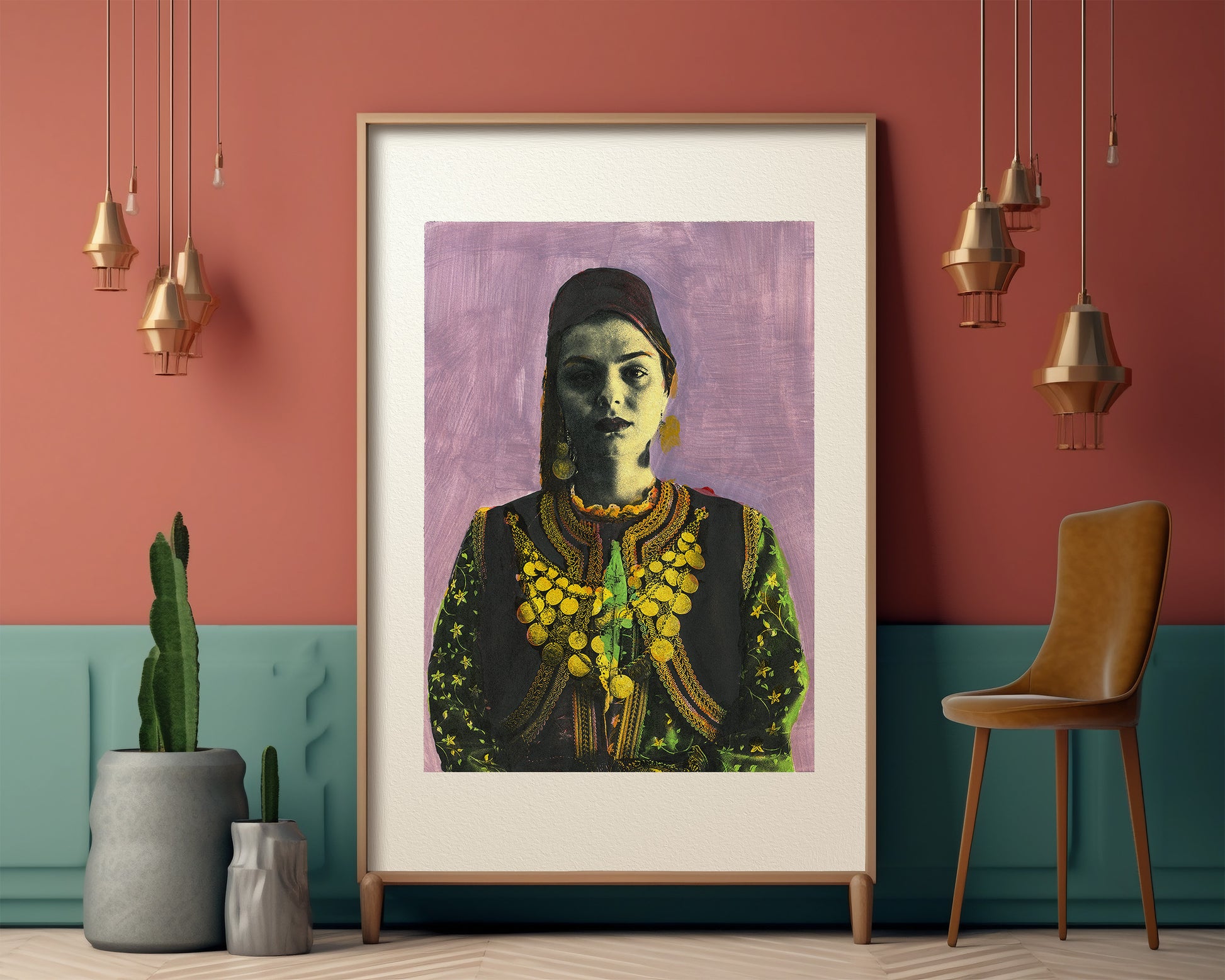 Painting Pop Art Wall Art from Greece | Mauve Kastoria Urban Costume from Macedonia, by George Tatakis - inside an eclectic room