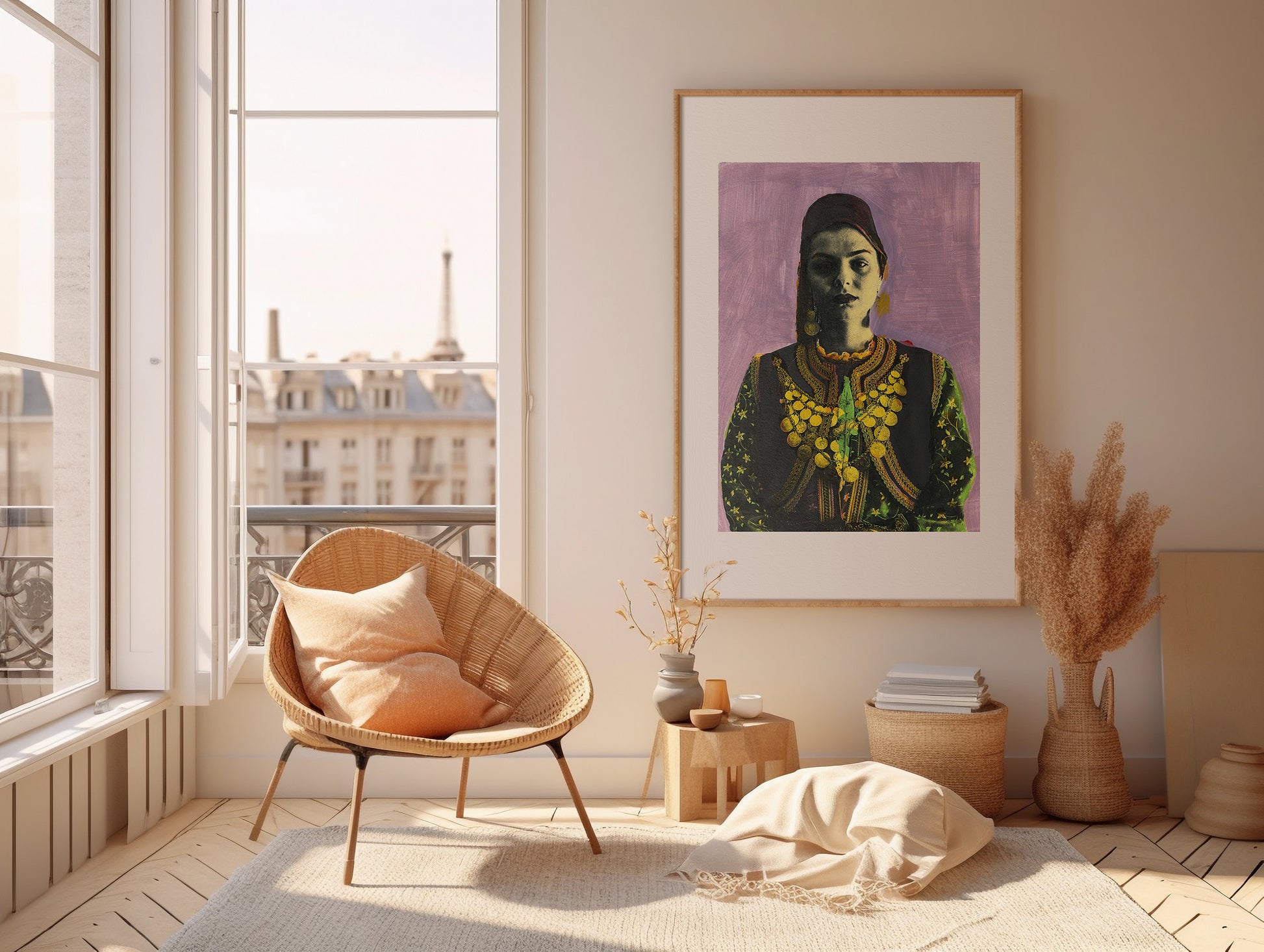 Painting Pop Art Wall Art from Greece | Mauve Kastoria Urban Costume from Macedonia, by George Tatakis - inside a room in Paris