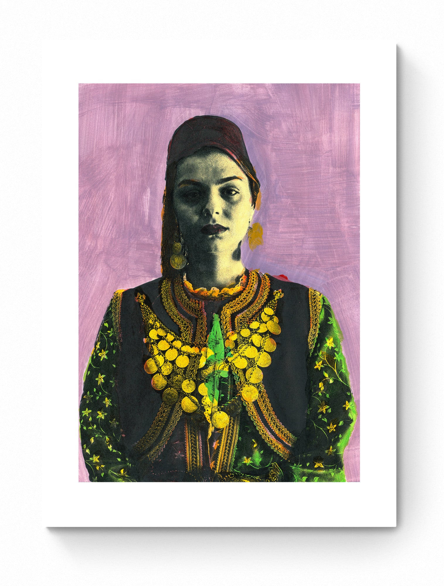 Painting Pop Art Wall Art from Greece | Mauve Kastoria Urban Costume from Macedonia, by George Tatakis - poster