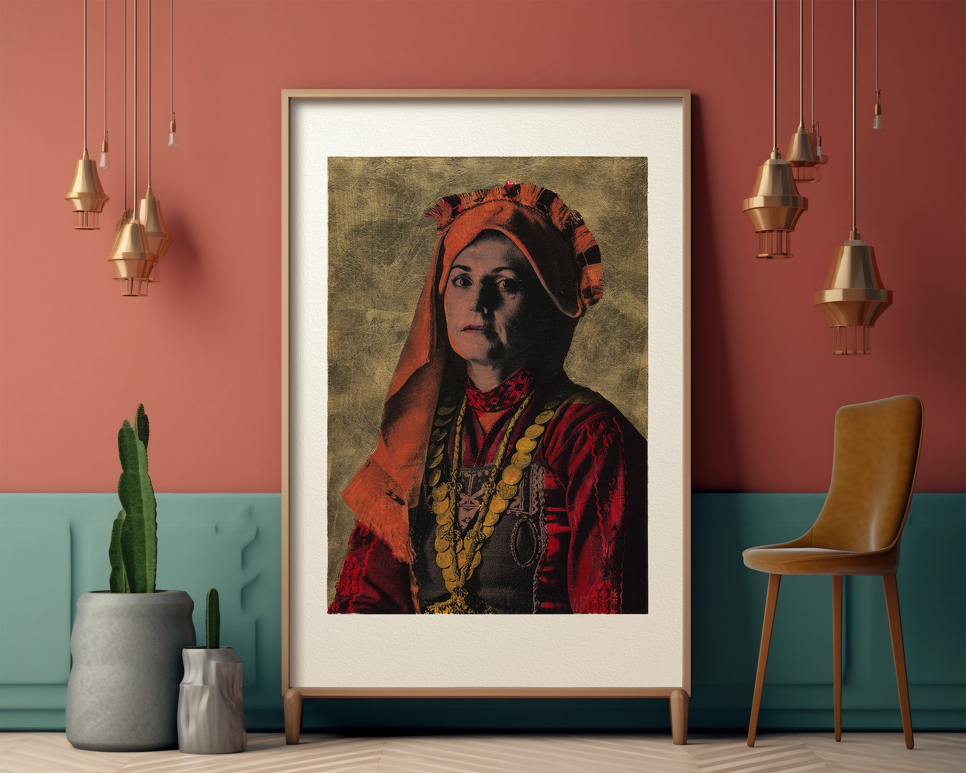 Painting Pop Art Wall Art from Greece | Golden Mani Costume from Evros, Thrace, by George Tatakis - inside an eclectic room