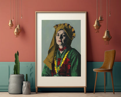 Painting Pop Art Wall Art from Greece | Grey Mani Costume from Evros, Thrace, by George Tatakis - inside an eclectic room