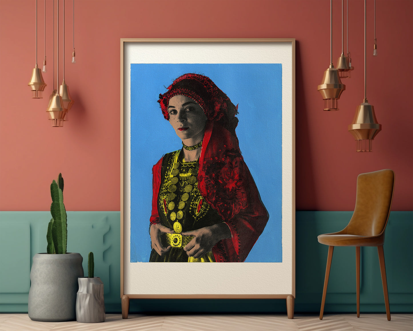 Painting Pop Art Wall Art from Greece | Blue Red Metaxades Costume from Evros, Thrace, by George Tatakis - inside an eclectic room