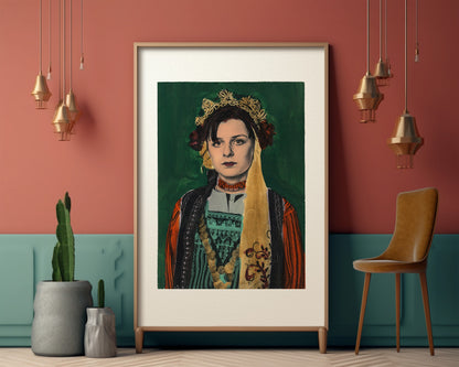 Painting Pop Art Wall Art from Greece | Dark Green Metaxades Costume from Evros, Thrace, by George Tatakis - inside an eclectic room