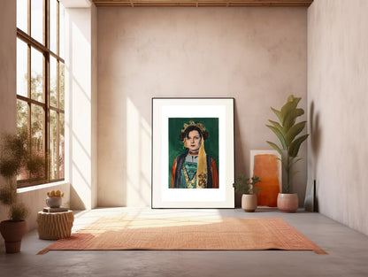 Painting Pop Art Wall Art from Greece | Dark Green Metaxades Costume from Evros, Thrace, by George Tatakis - inside a sunlit studio