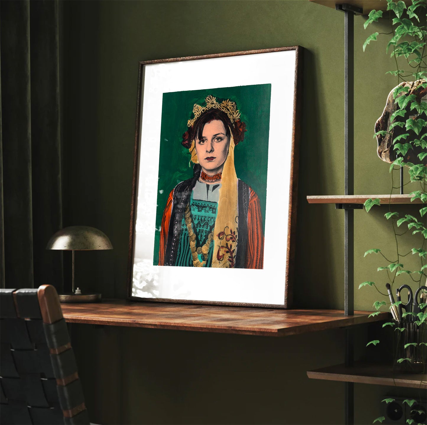 Painting Pop Art Wall Art from Greece | Dark Green Metaxades Costume from Evros, Thrace, by George Tatakis - Framed poster