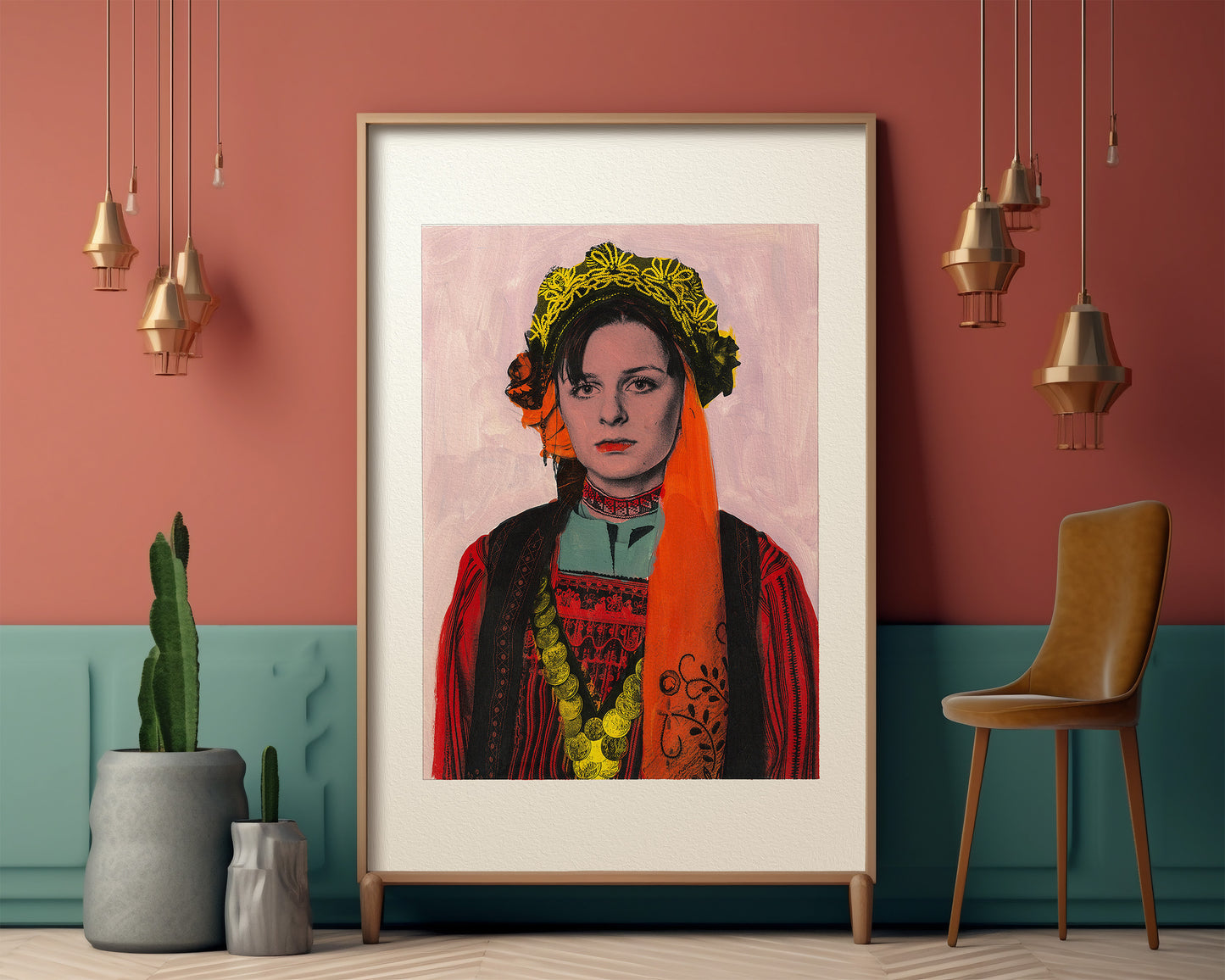 Painting Pop Art Wall Art from Greece | Orange Scarf Metaxades Costume from Evros, Thrace, by George Tatakis - inside an eclectic room