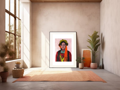Painting Pop Art Wall Art from Greece | Orange Scarf Metaxades Costume from Evros, Thrace, by George Tatakis - inside a sunlit art studio