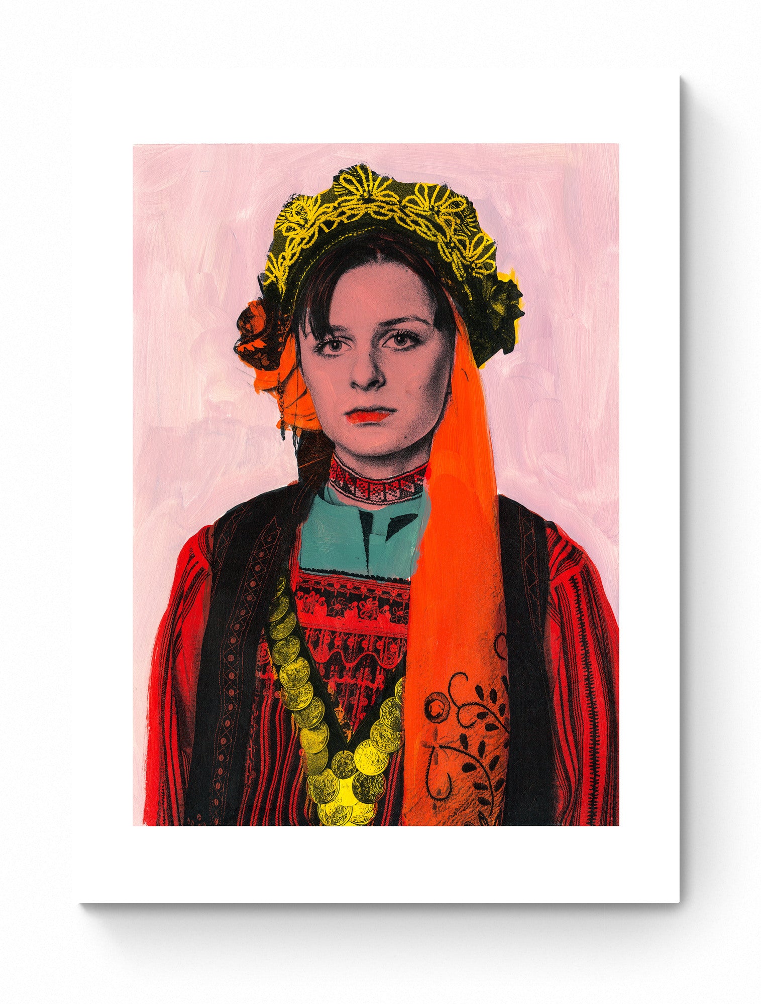 Painting Pop Art Wall Art from Greece | Orange Scarf Metaxades Costume from Evros, Thrace, by George Tatakis - poster