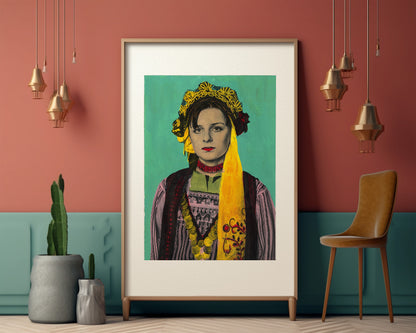 Painting Pop Art Wall Art from Greece | Turquoise Metaxades Costume from Evros, Thrace, by George Tatakis - inside an eclectic room