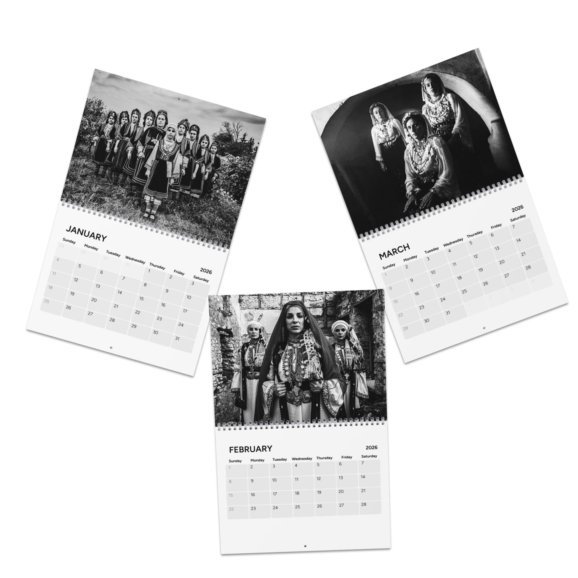 Q1 Calendar with black and white photos of a group of people on each page