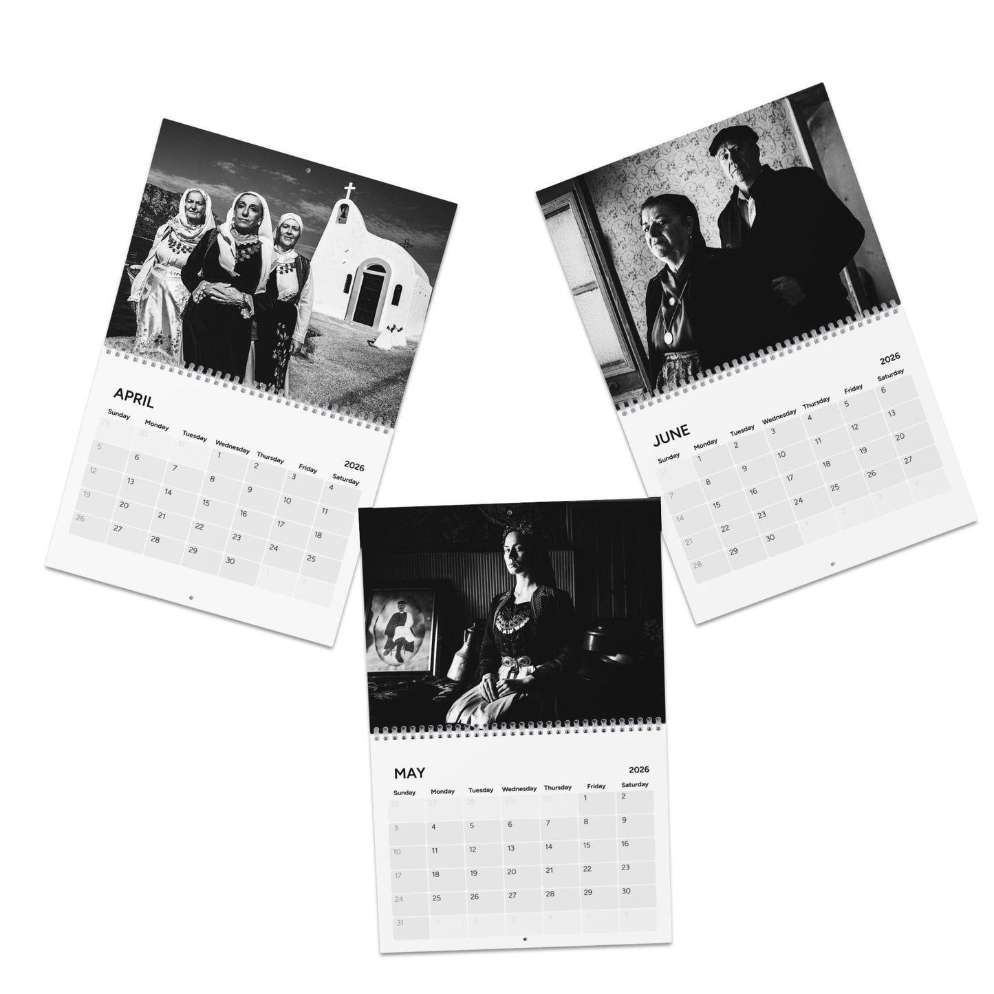 Q2 Three black and white photos on a calendar with visible months and dates.