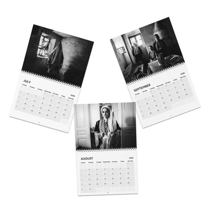 Q3 Three black and white calendar pages showing images of people in various settings.