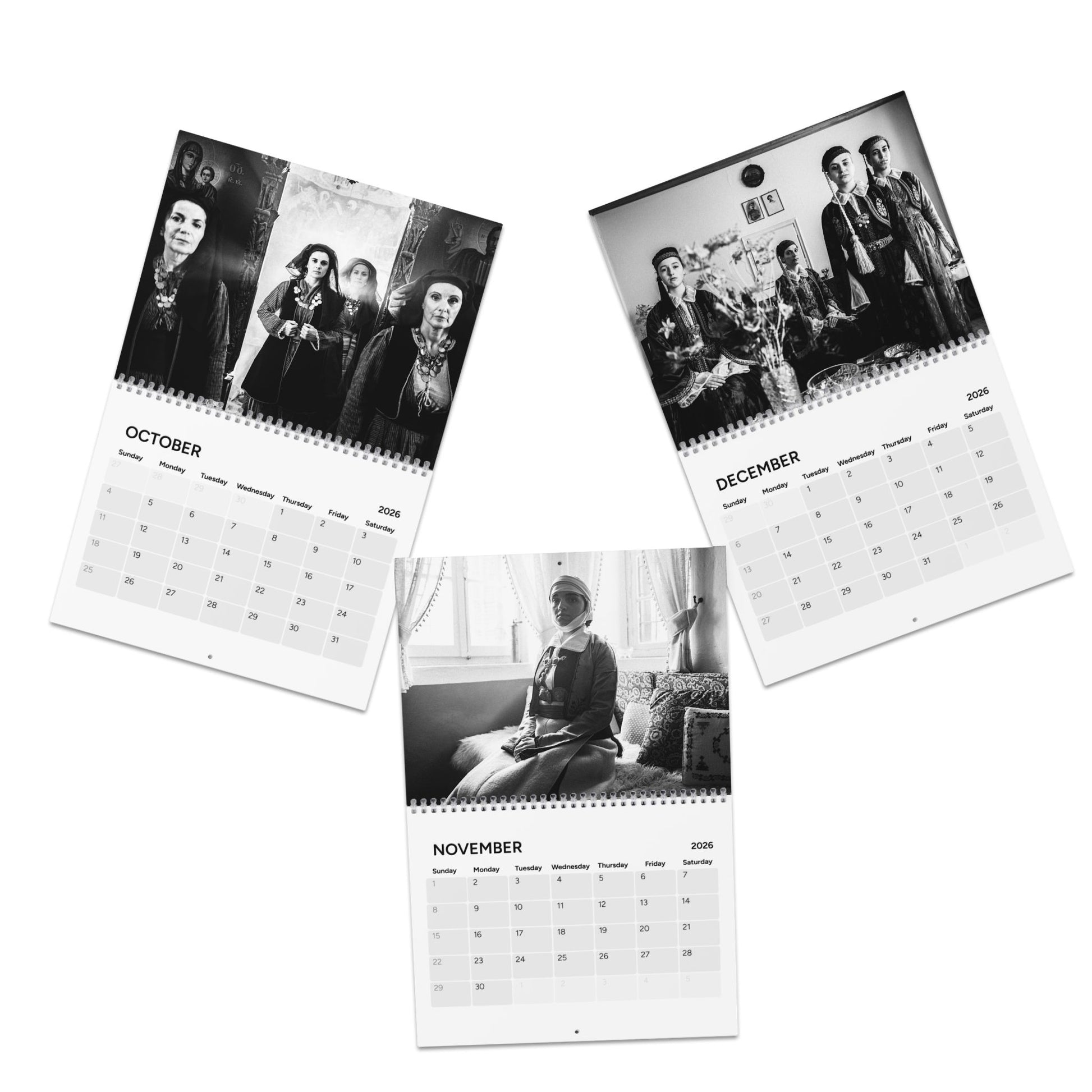 Q4 Calendar with black and white photos of people on each page