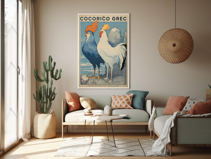 Color Retro Poster Wall Art from Greece by George Tatakis | Twin Roosters with blue sky - boho