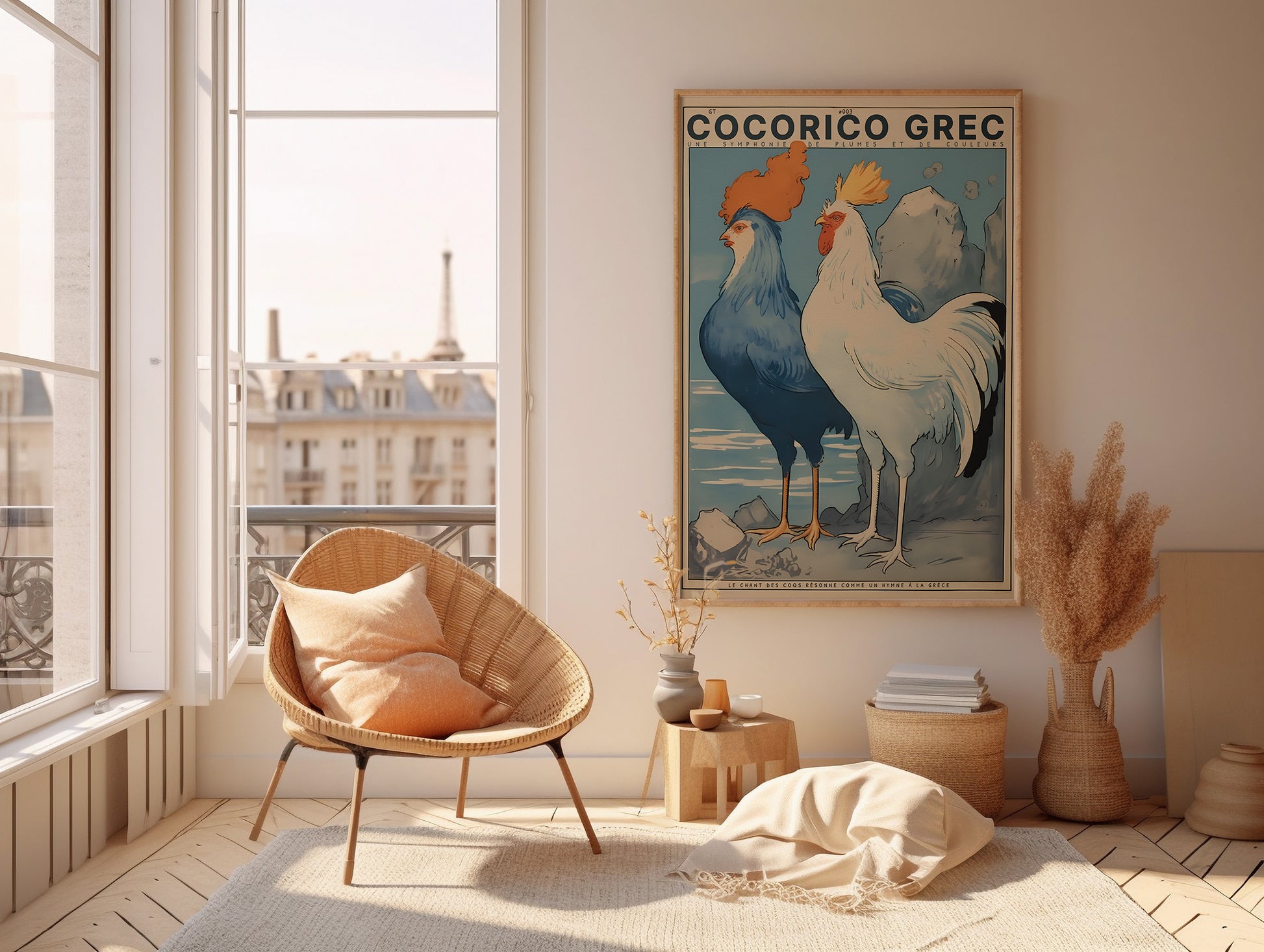 Color Retro Poster Wall Art from Greece by George Tatakis | Twin Roosters with blue sky - room in Paris