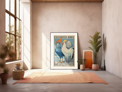 Color Retro Poster Wall Art from Greece by George Tatakis | Twin Roosters with blue sky - art studio