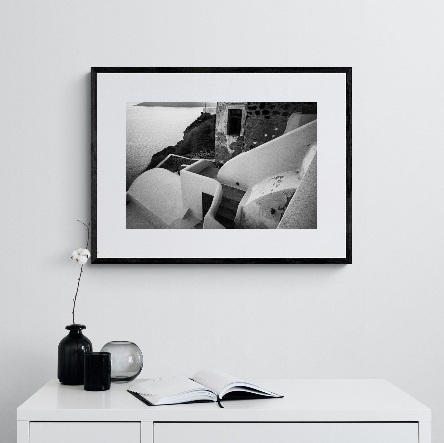 House Forms in Oia | Santorini | Chorōs | Black-and-white wall art photography from Greece - single framed photo