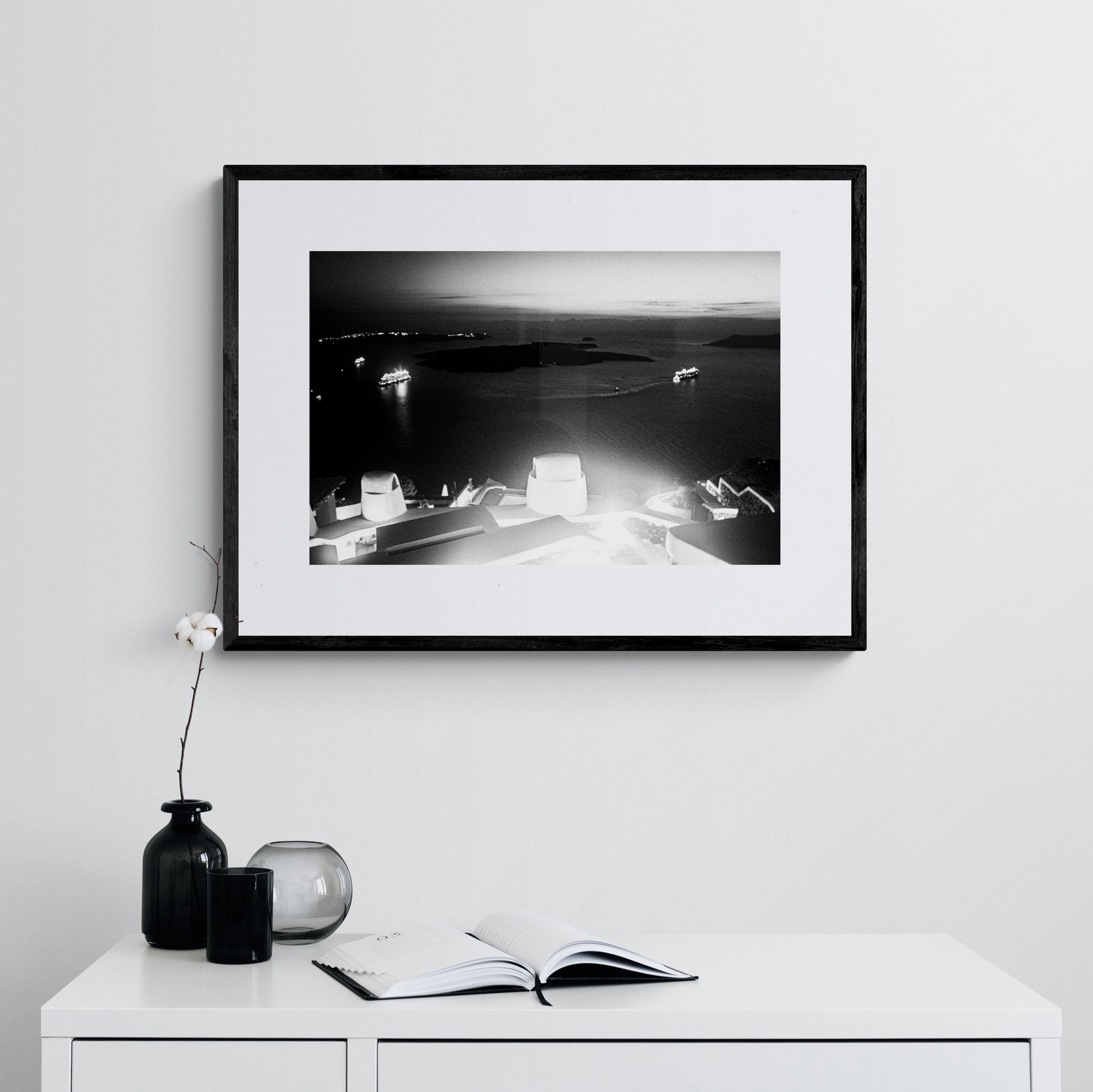 Caldera at night in Oia | Santorini | Chorōs | Black-and-white wall art photography from Greece - framing options