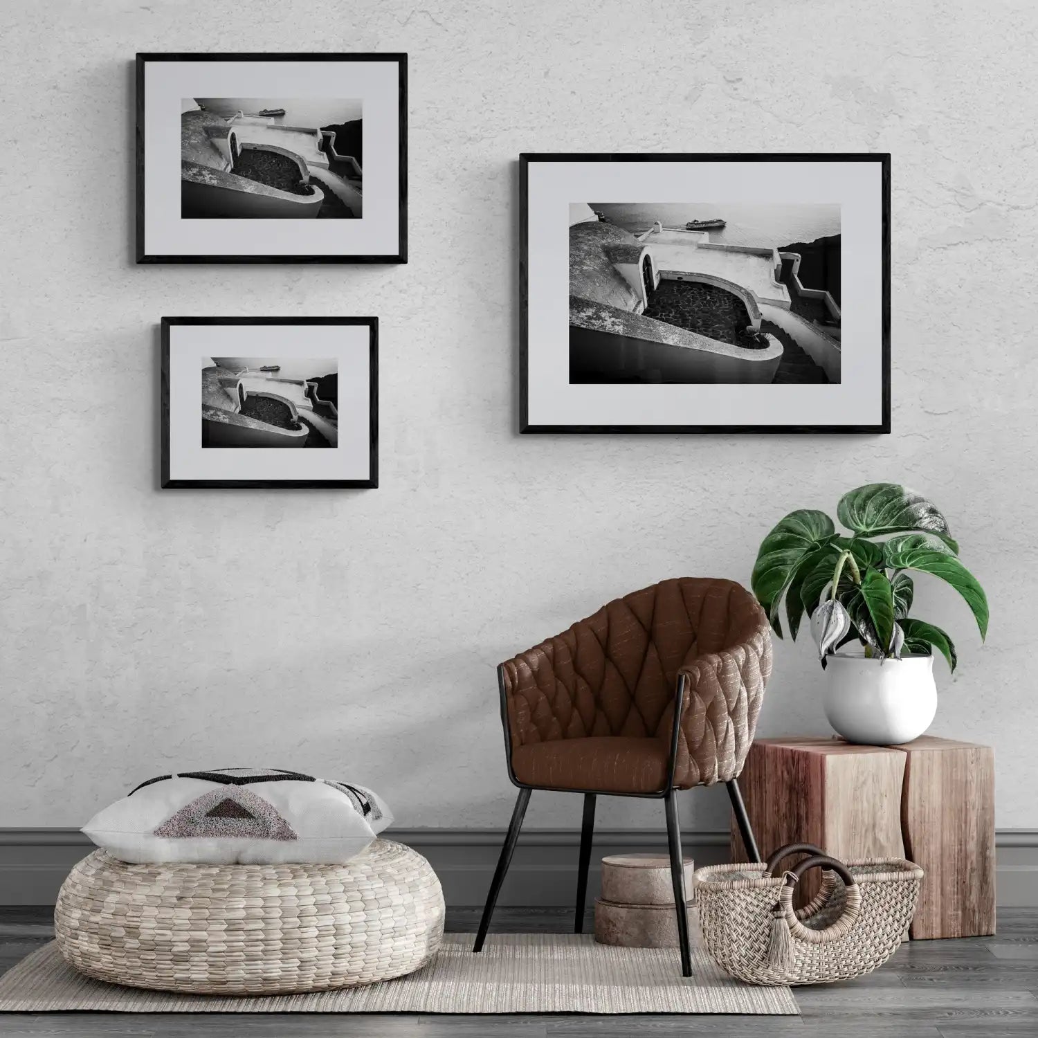 Top down view in Oia | Santorini | Chorōs | Black-and-white wall art photography from Greece - framing options