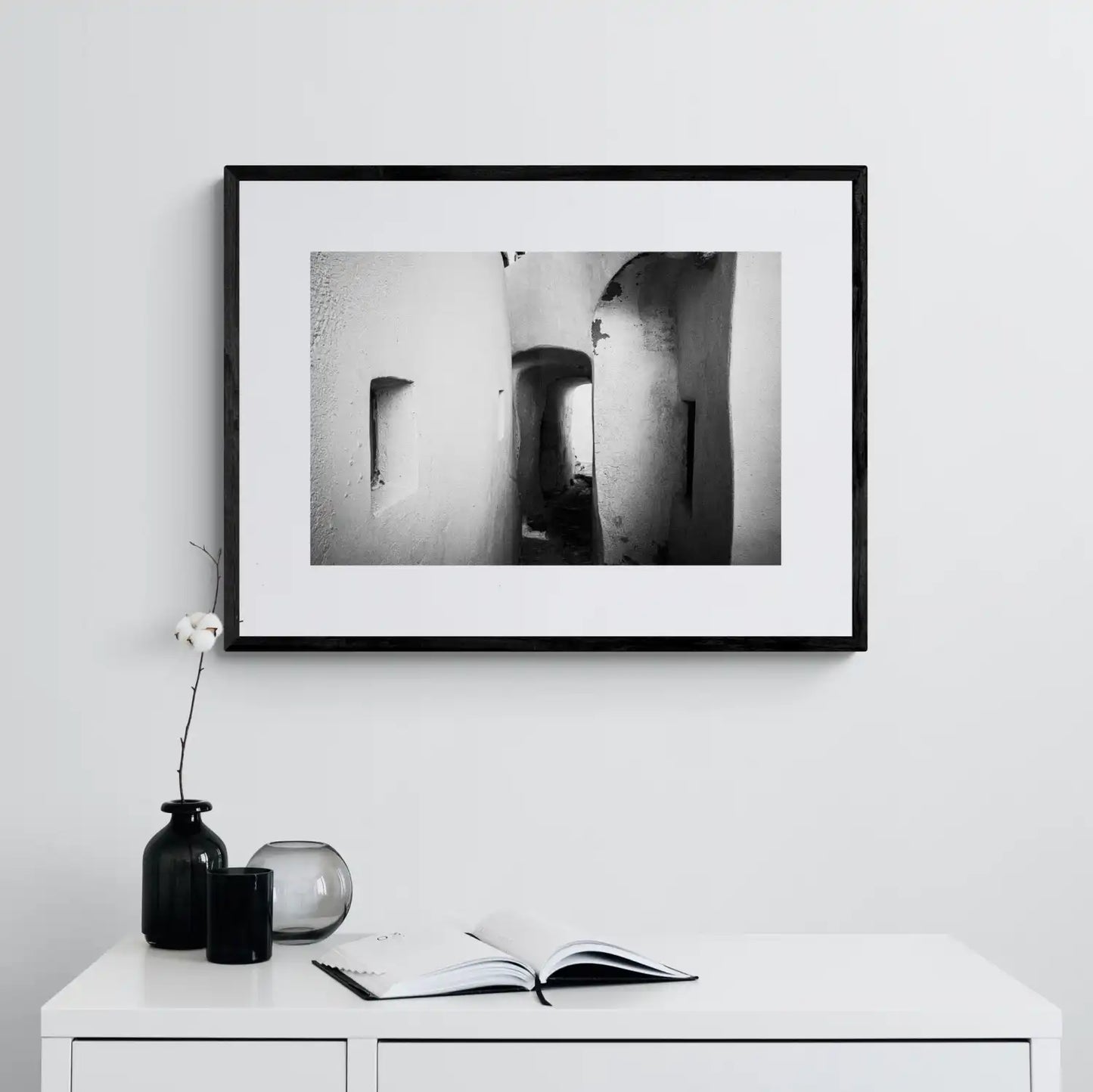Tunnel at Emporio | Santorini | Chorōs | Black-and-white wall art photography from Greece - single framed photo