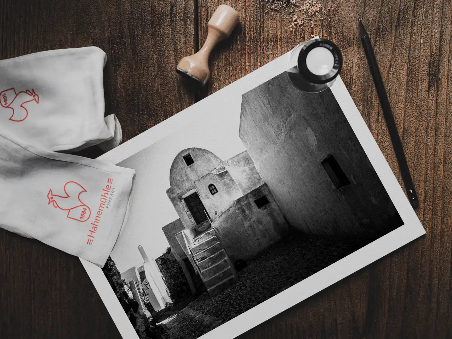 Pyrgos Town | Santorini | Chorōs | Black-and-white wall art photography from Greece - photo print on table