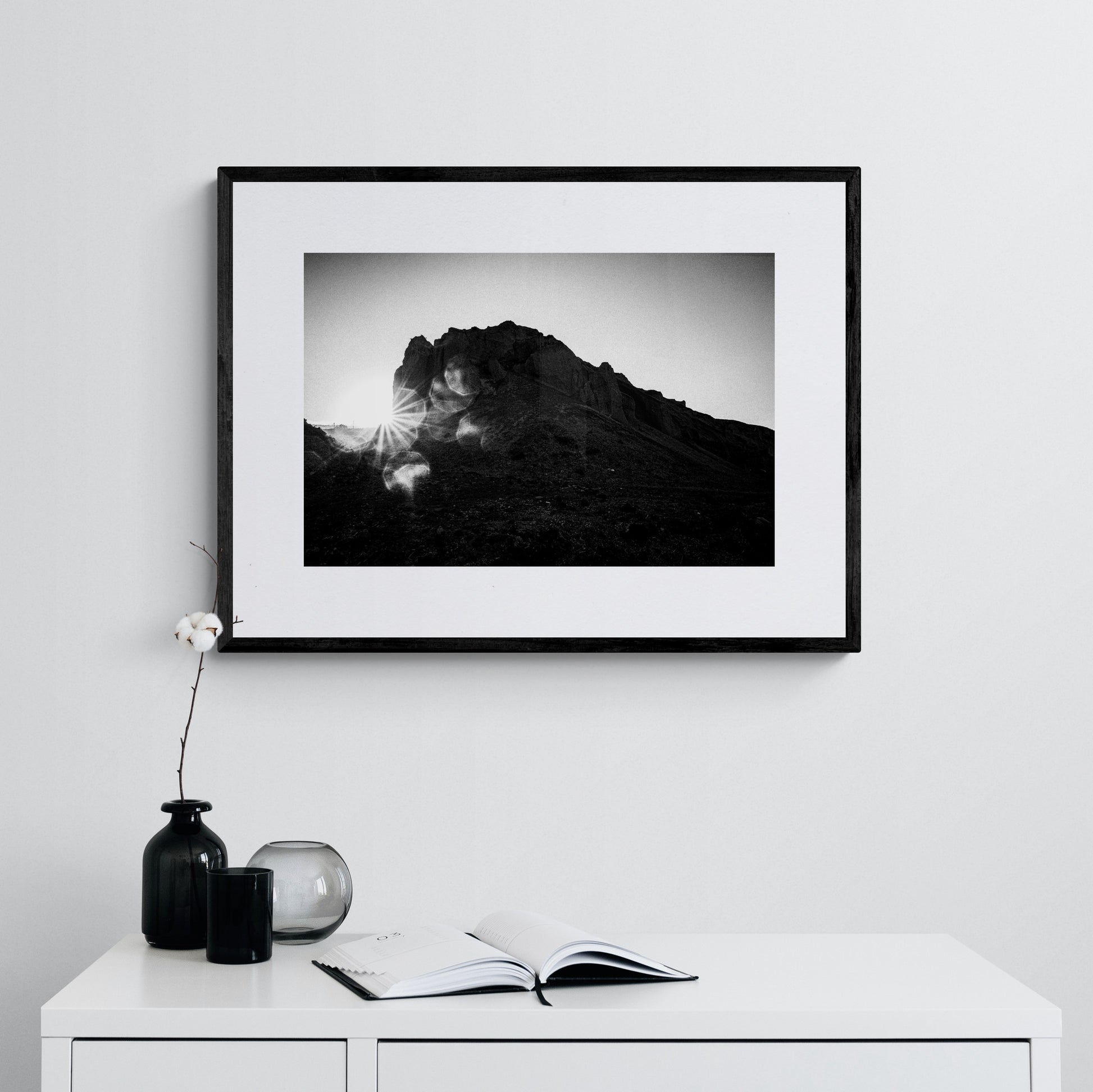 Rock and Sun | Santorini | Chorōs | Black-and-white wall art photography from Greece - single framed photo