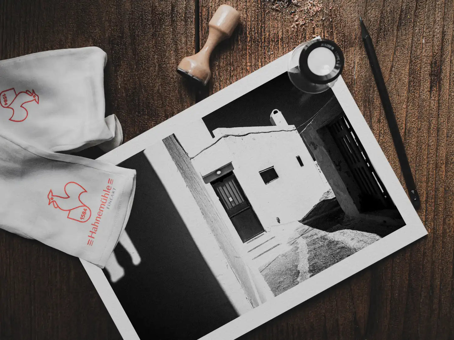 Village Alley | Santorini | Chorōs | Black-and-white wall art photography from Greece - photo print on table