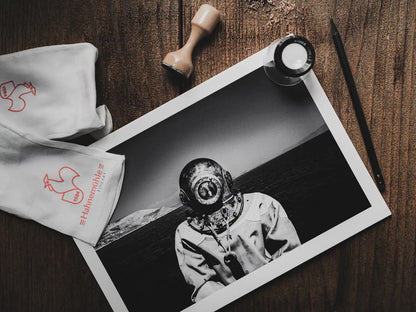 Black and White Photography Wall Art Greece | Diver in Kalymnos Dodecanese - print on table