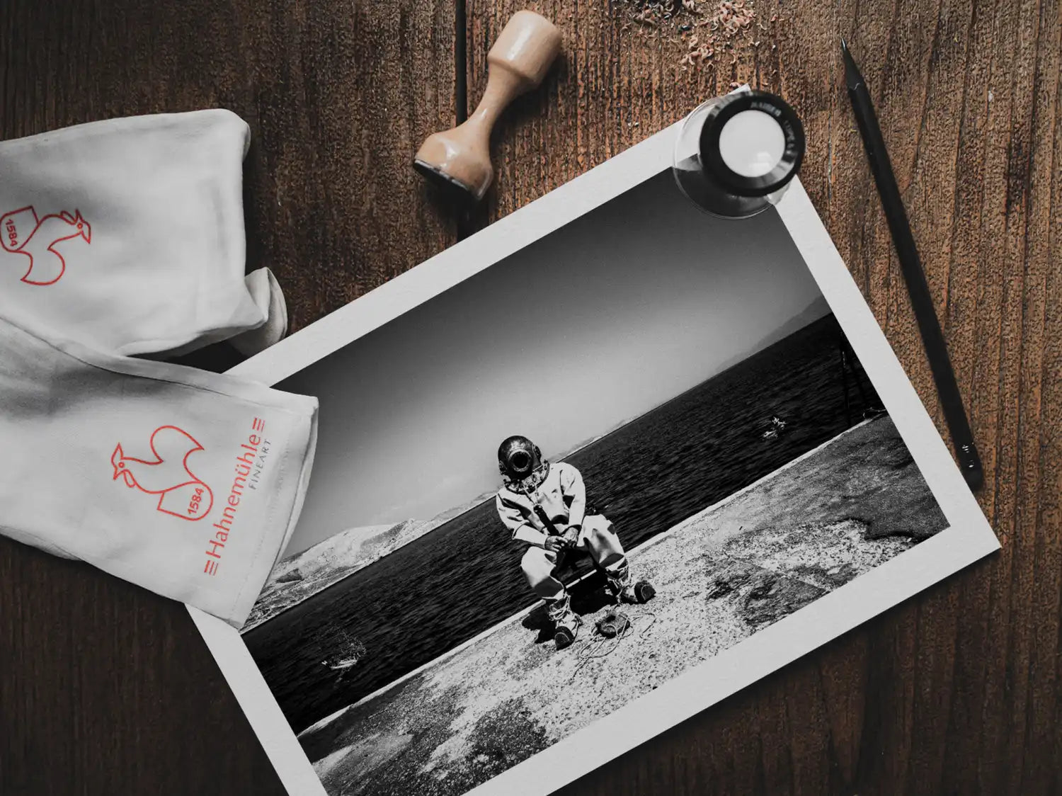 Black and White Photography Wall Art Greece | Diver in Kalymnos Dodecanese - photo print on table