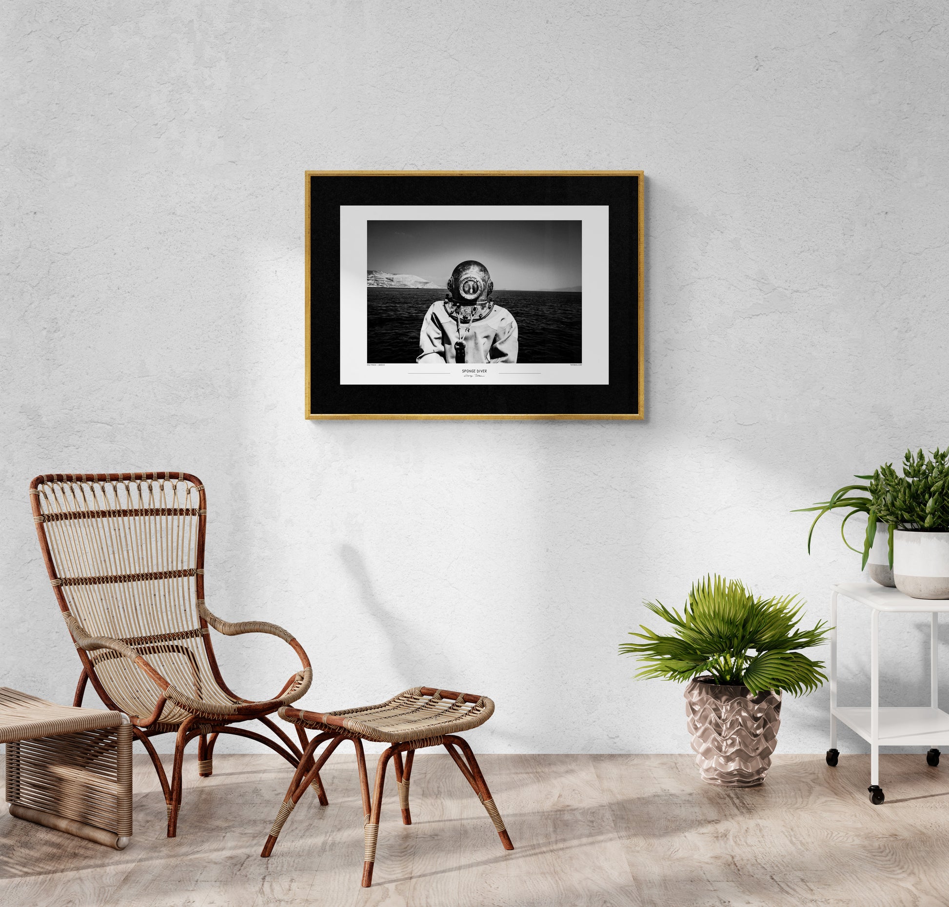 The Sponge Diver | Black-and-White photography Wall Art Poster from Greece, by George Tatakis - room with cane armchair