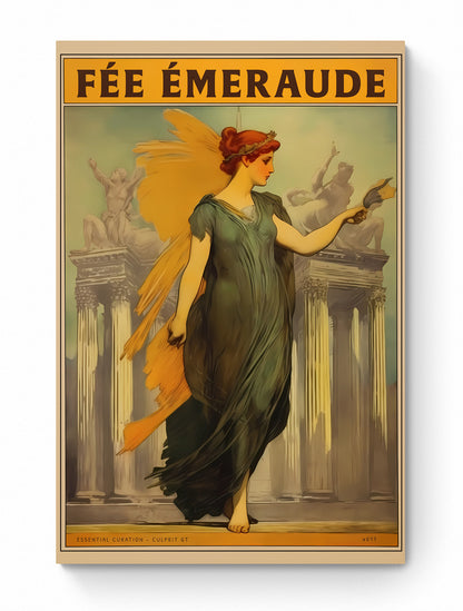 The Emerald Fairy - Mythical Art Print | Red Haired Woman in Greek Dress with Golden Wings and Tiara | Classical Greek Building - whole image
