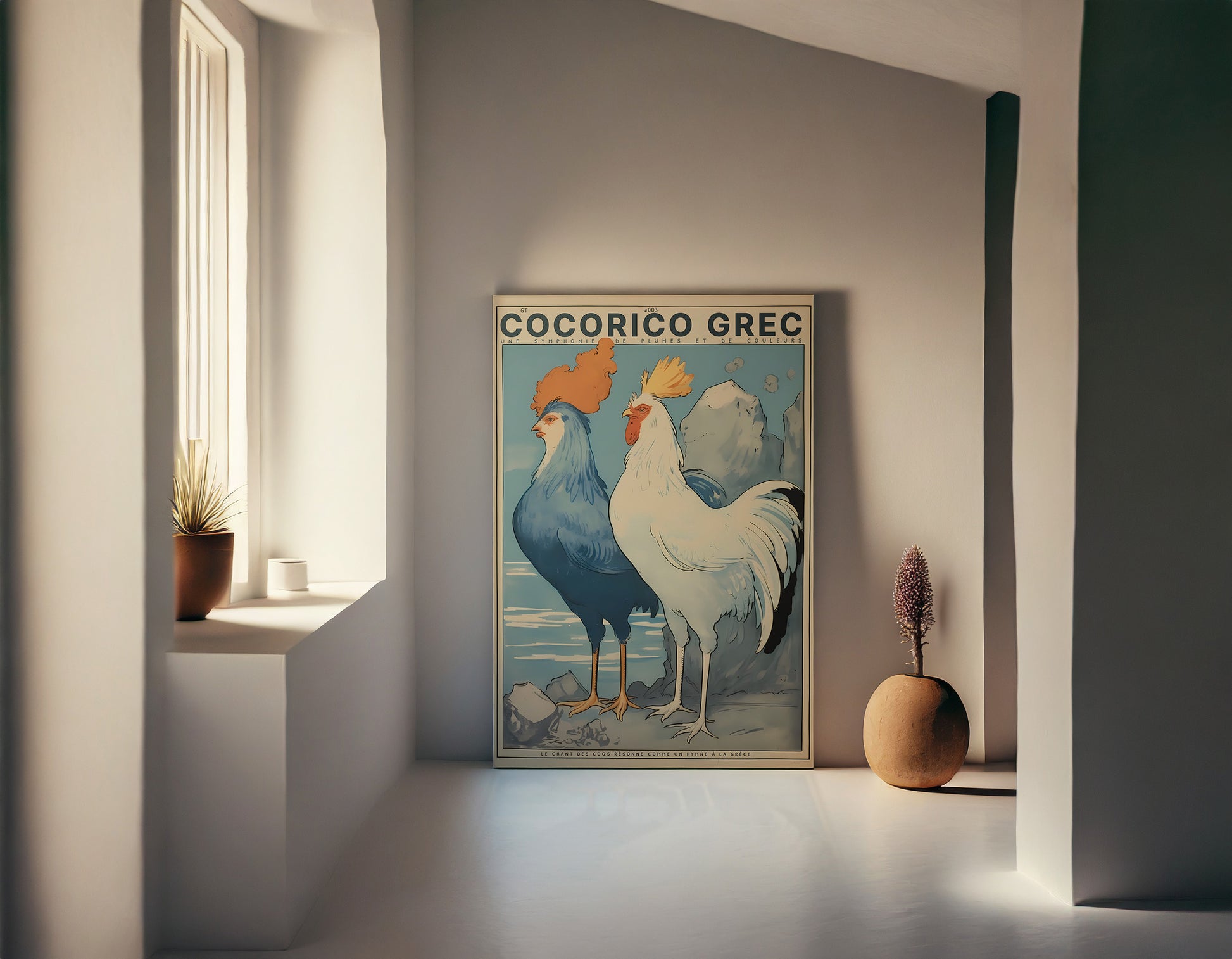 Color Retro Poster Wall Art from Greece by George Tatakis | Twin Roosters with blue sky - inside an eclectic room