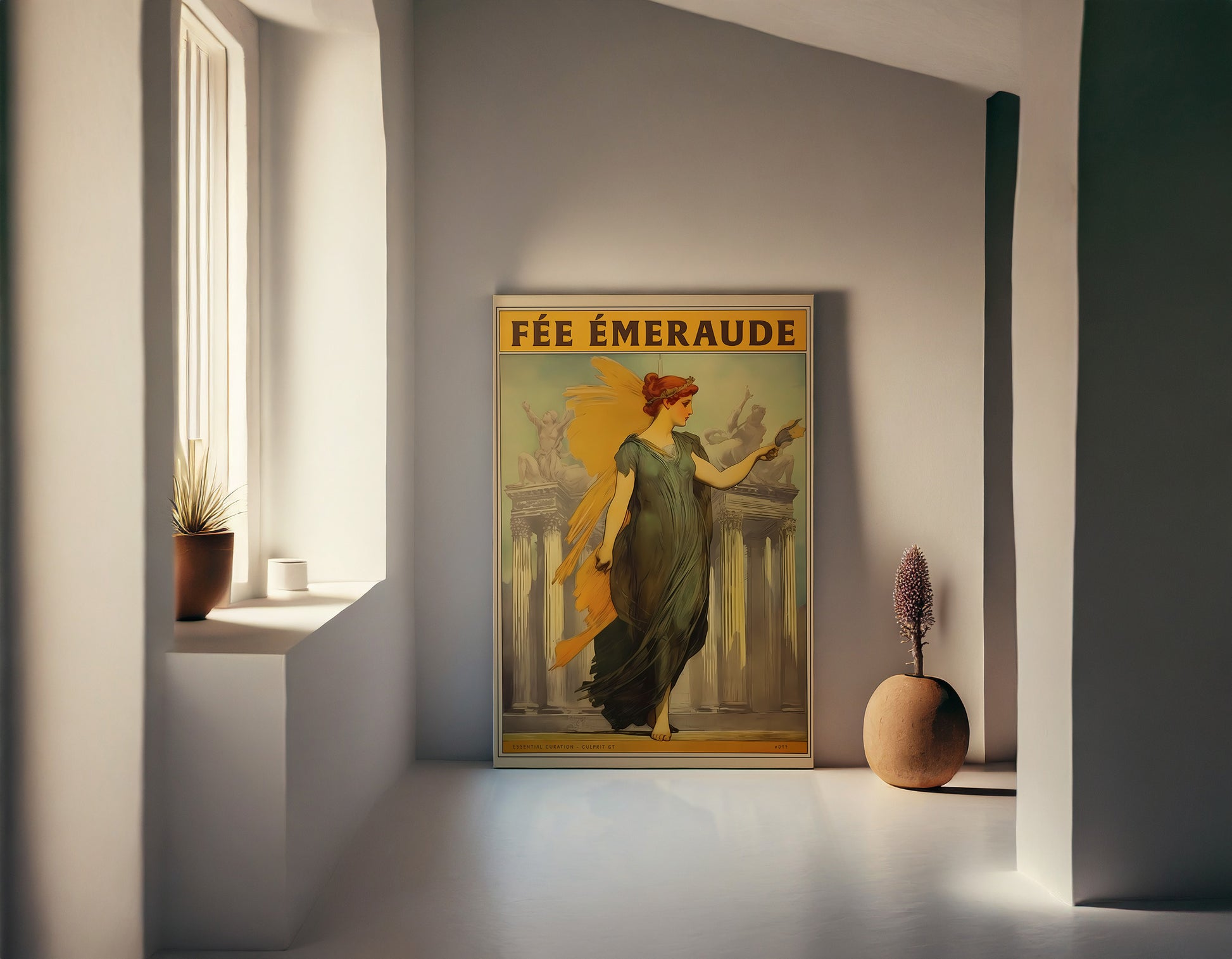 The Emerald Fairy - Mythical Art Print | Red Haired Woman in Greek Dress with Golden Wings and Tiara | Classical Greek Building - Cyclades home