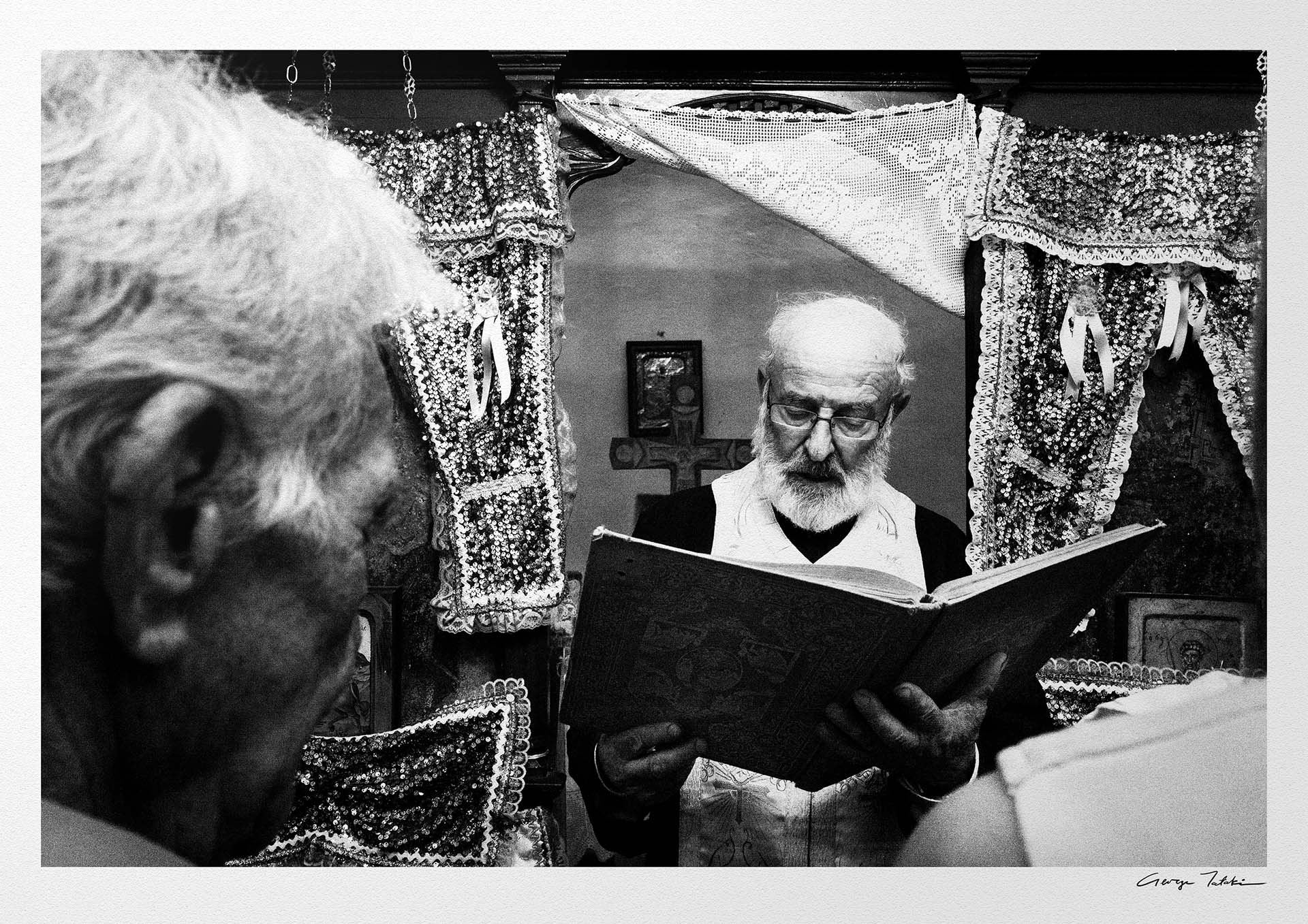 Black and White Photography Wall Art Greece | Priest reading the Gospel Olympos Karpathos Dodecanese by George Tatakis