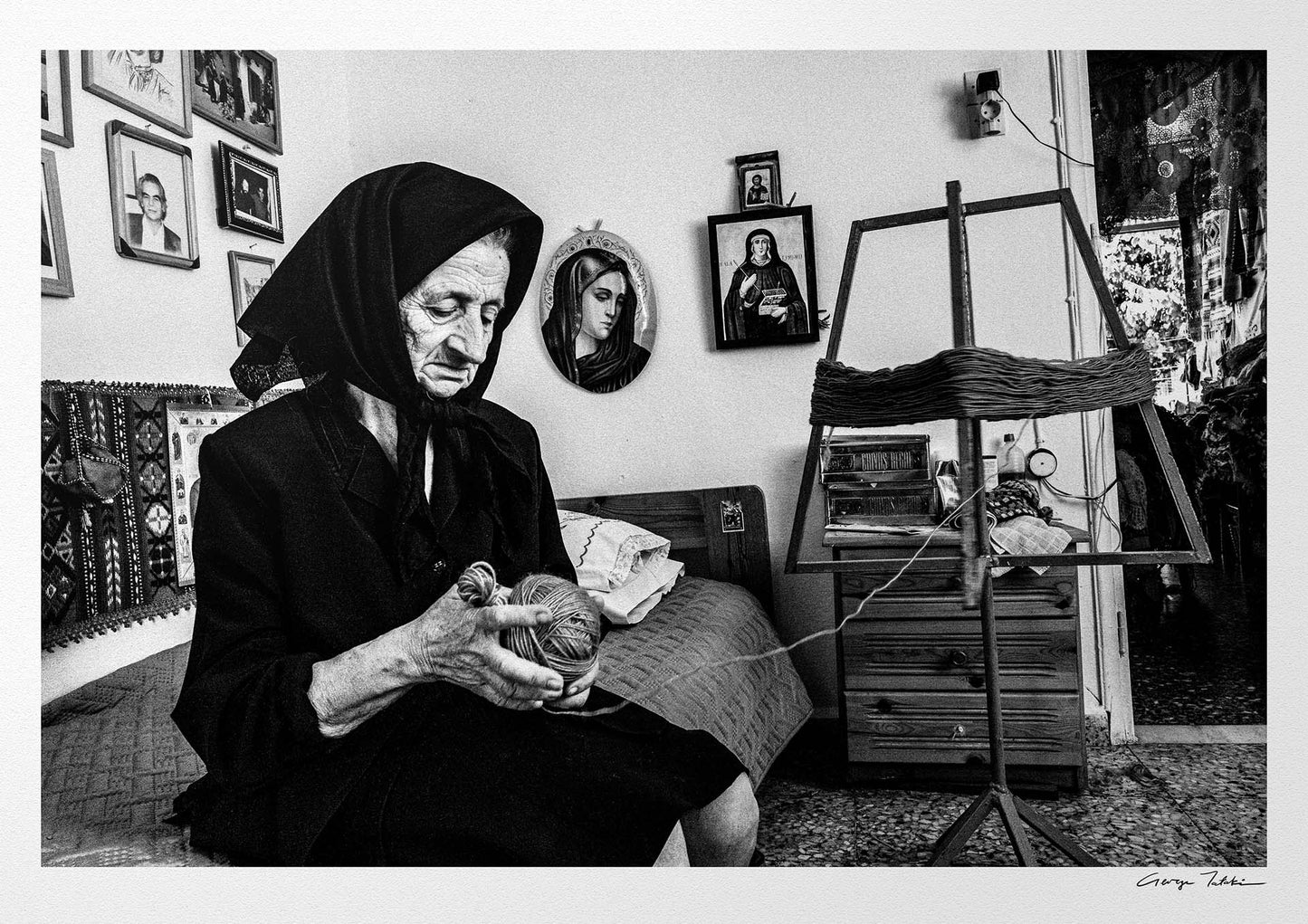 Black and White Photography Wall Art Greece | Lady in Anogia working with a spinning wheel Crete by George Tatakis