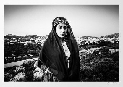 Black and White Photography Wall Art Greece | Traditional costume of Archangelos overlooking the town Rhodes by George Tatakis
